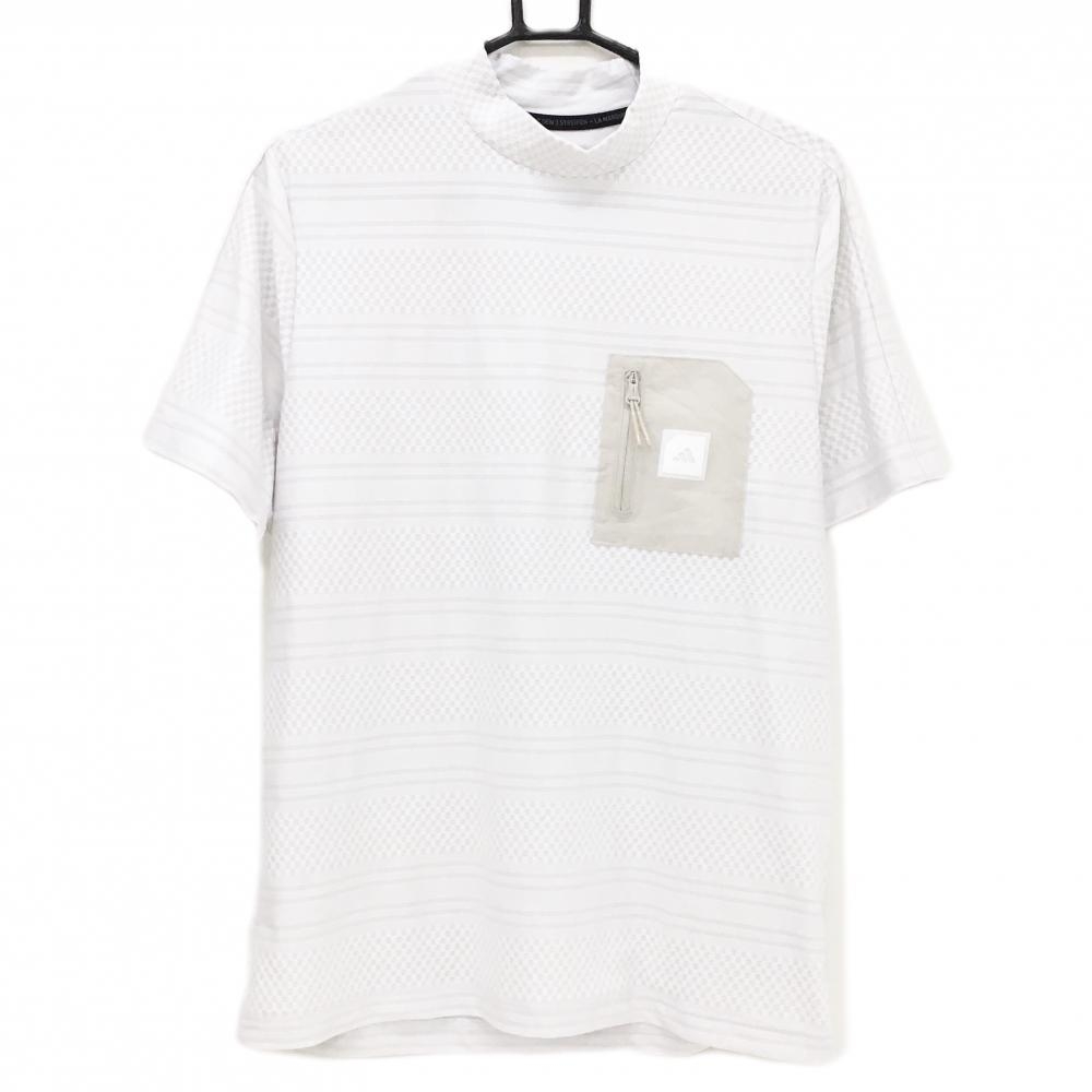 【超美品】アディダス 半袖ハイネックシャツ 白×ライトグレー ボーダー 一部ブロックチェック 胸ポケット メンズ J/L ゴルフウェア adidas