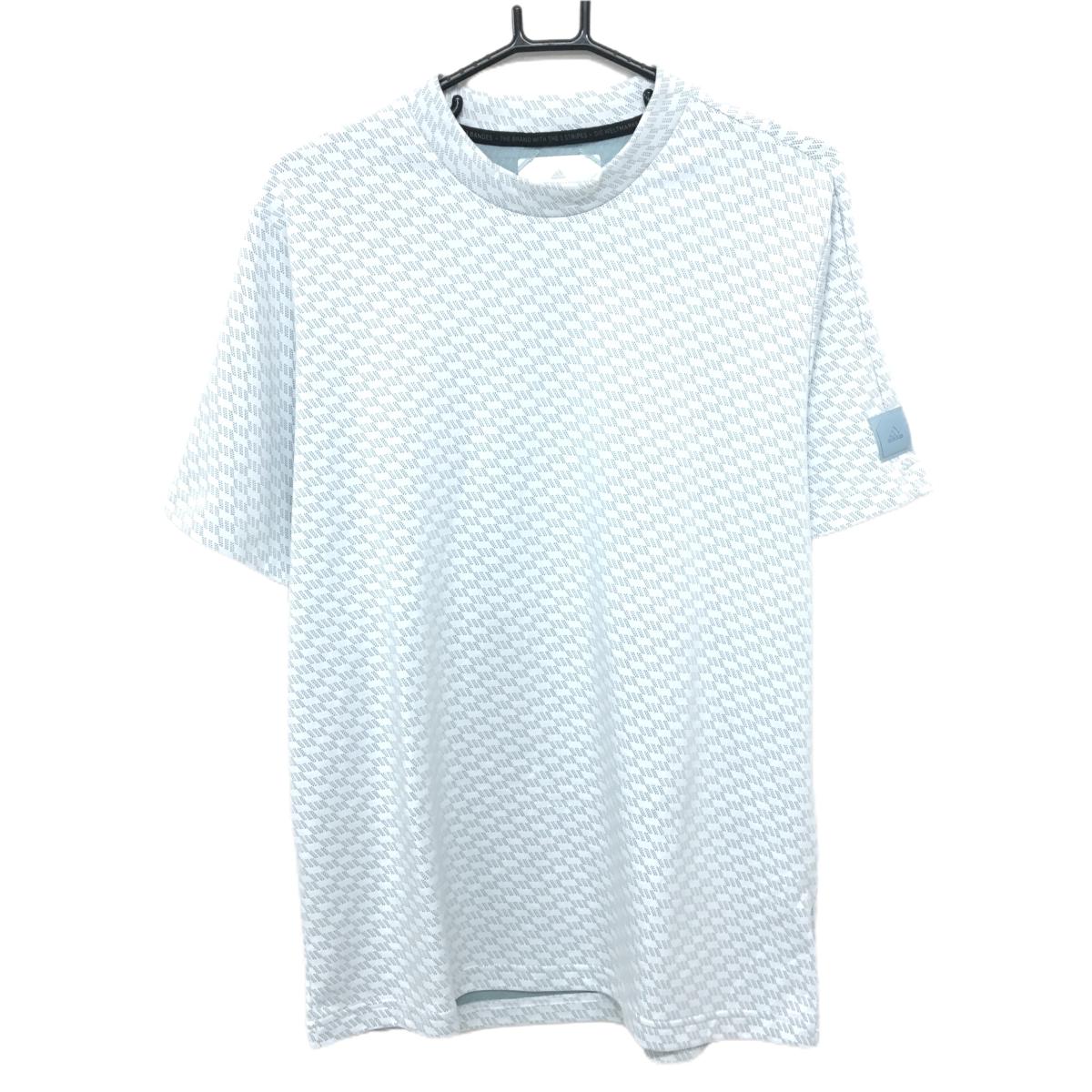 【美品】アディダス 半袖ハイネックシャツ 白×スモーキーブルー系 総柄 パンチング風 ADICROSS メンズ O ゴルフウェア adidas