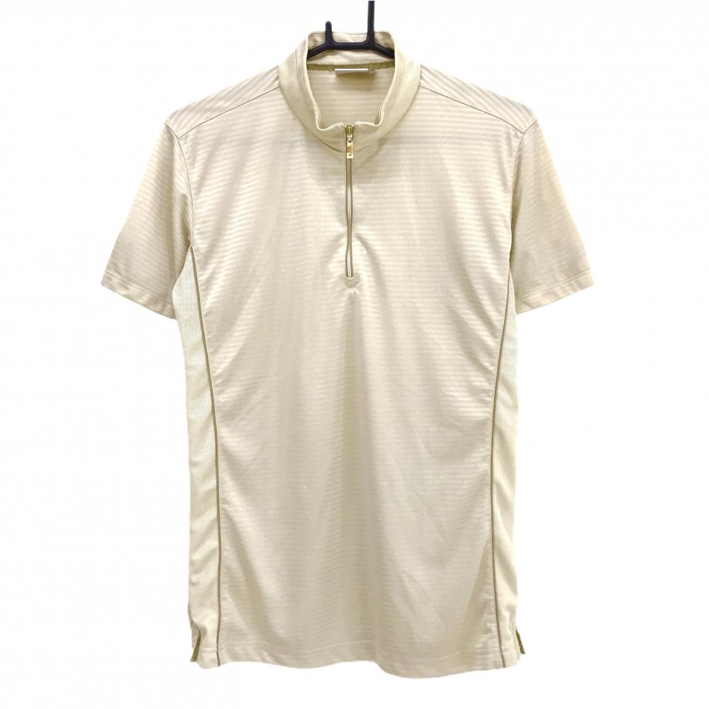 【美品】アディダス 半袖ハイネックシャツ ベージュ ボーダー地模様 ハーフジップ メンズ M/M ゴルフウェア adidas