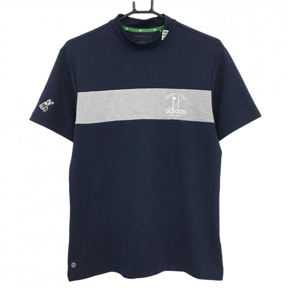 【超美品】アディダス 半袖ハイネックシャツ 杢ネイビー×グレー 胸ライン メンズ M ゴルフウェア adidas