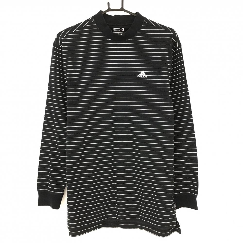 【美品】アディダス 長袖ハイネックシャツ 黒×白 ボーダー コットン混 メンズ L/G ゴルフウェア adidas