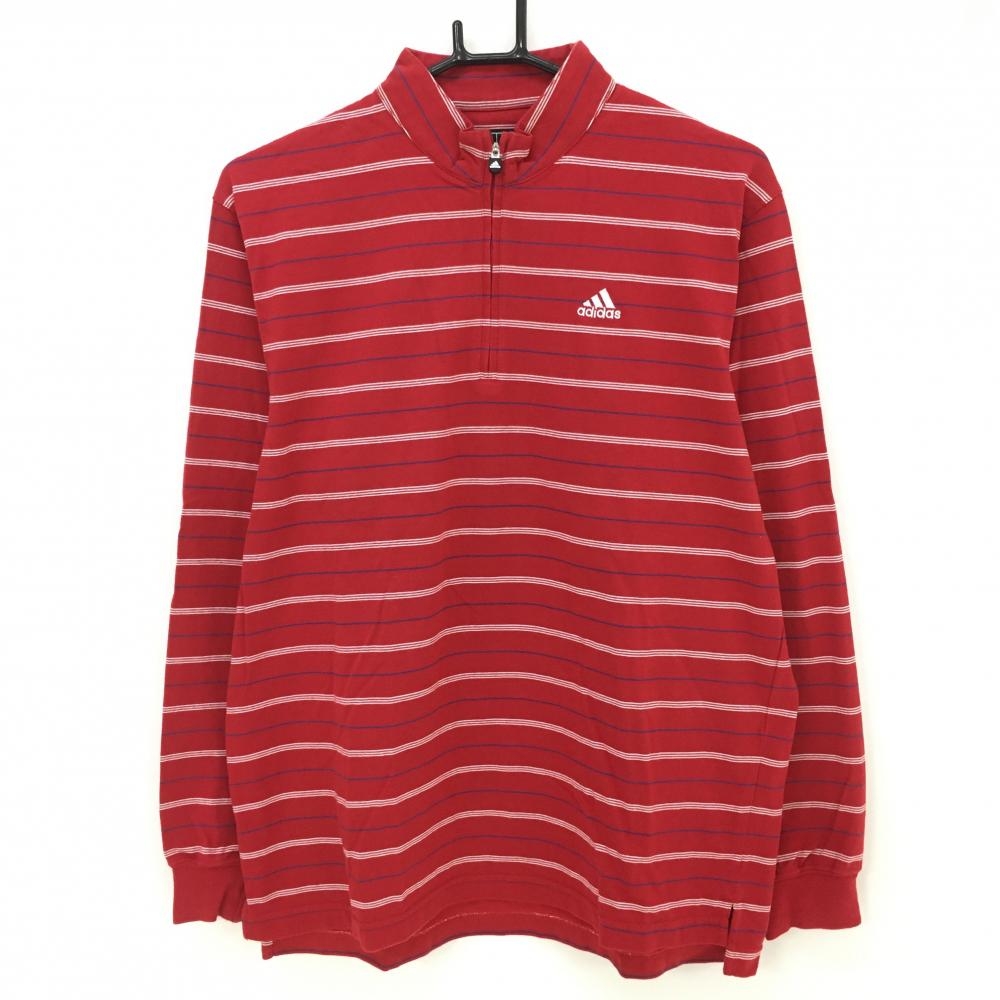 【美品】アディダス 長袖ハイネックシャツ レッド×白 ボーダー ハーフジップ  メンズ L/G ゴルフウェア adidas