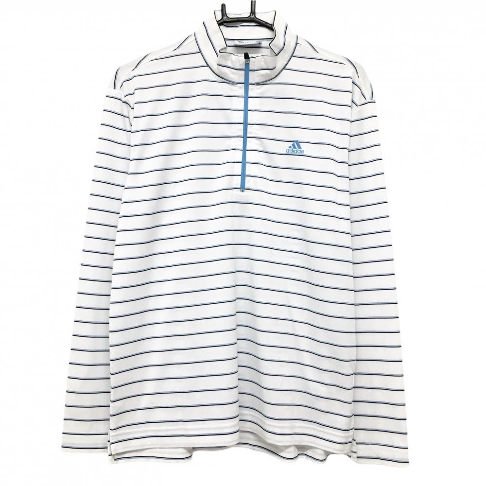 アディダス 長袖ハイネックシャツ 白×ライトブルー ボーダー ハーフジップ メンズ M/M ゴルフウェア adidas