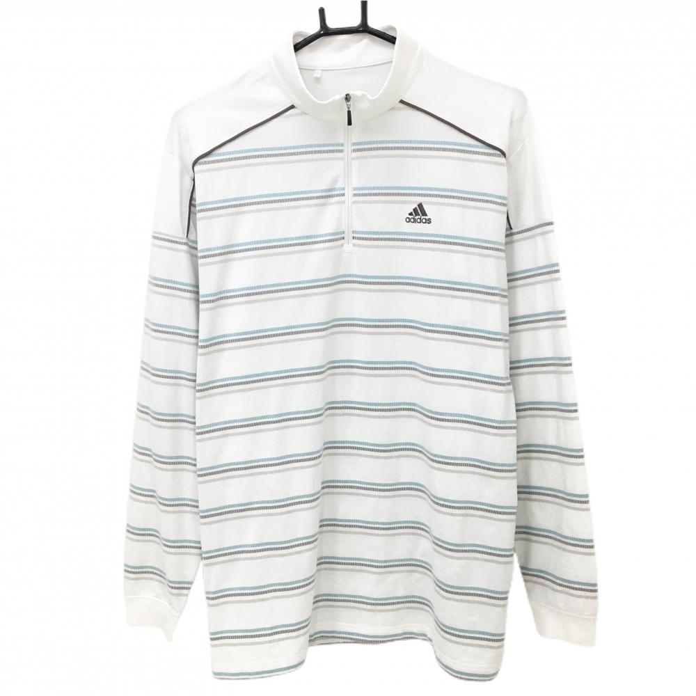 アディダス 長袖ハイネックシャツ 白×ブルー×ブラウン ハーフジップ メンズ M/M ゴルフウェア adidas