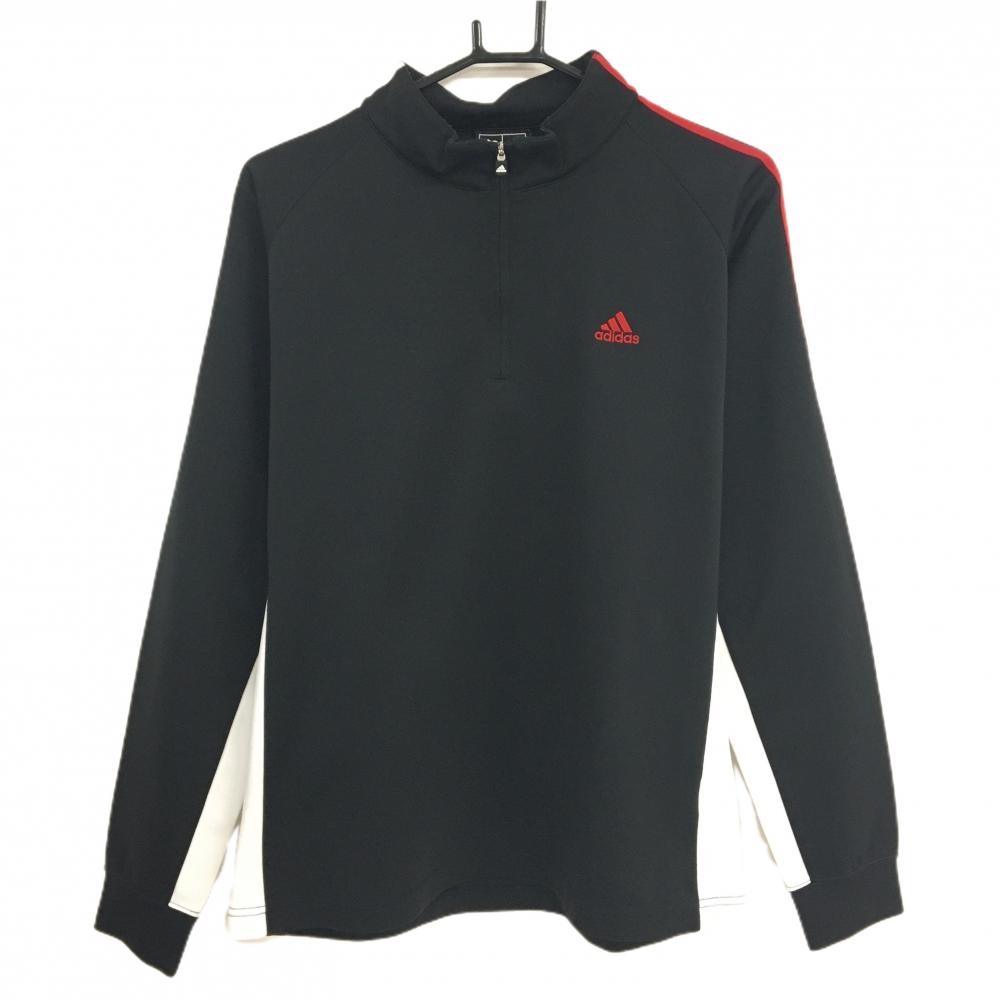【超美品】アディダス 長袖ハイネックシャツ 黒×白 ハーフジップ 肩・袖3ライン ロゴ刺しゅう メンズ O ゴルフウェア adidas