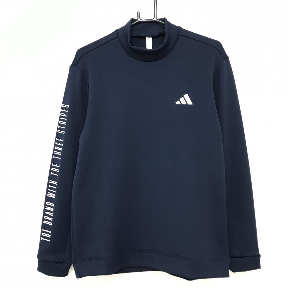 【超美品】アディダス 長袖ハイネックシャツ ネイビー×白 袖ロゴプリント  メンズ M ゴルフウェア 2024年モデル adidas
