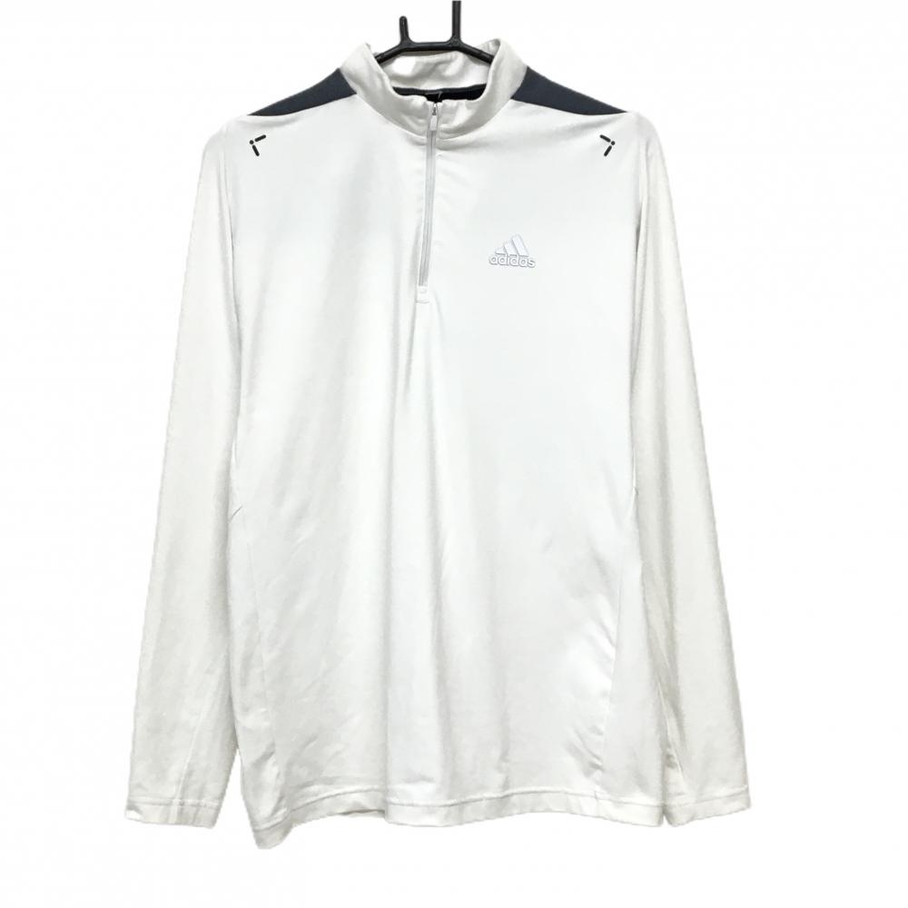 【美品】アディダス 長袖ハイネックシャツ 白 微起毛 ハーフジップ 胸ロゴ  メンズ サイズ表記なし ゴルフウェア adidas