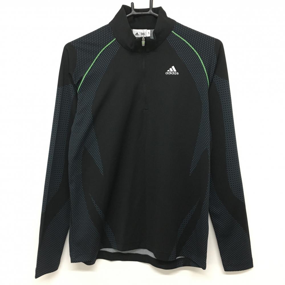 【超美品】アディダス 長袖ハイネックシャツ 黒×ネイビー 一部ドット柄 ハーフジップ メンズ S/P ゴルフウェア adidas