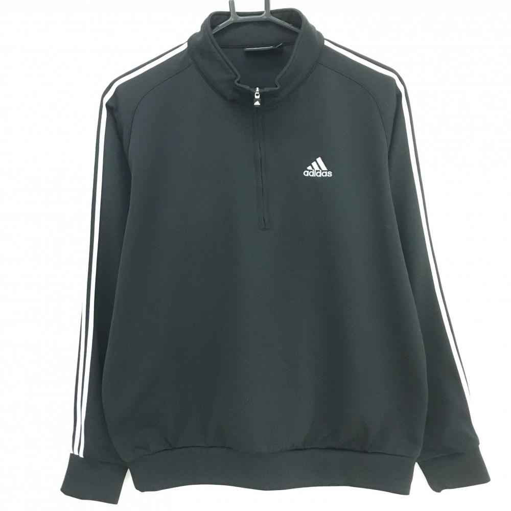 アディダス 長袖ハイネックシャツ 黒×白 袖3ライン ロゴ刺しゅう ハーフジップ メンズ S/P ゴルフウェア adidas