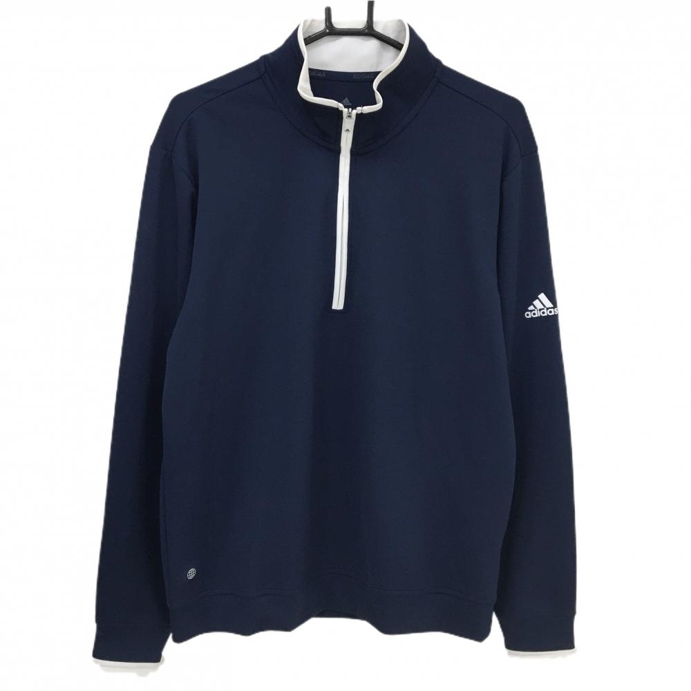 アディダス 長袖ハイネックシャツ ネイビー 地模様 ハーフジップ ロゴ白 メンズ O ゴルフウェア adidas