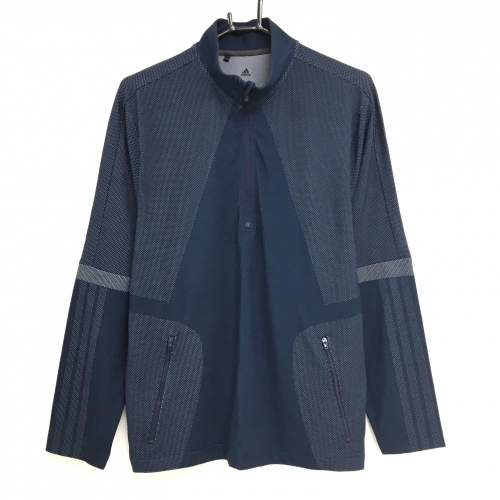 【超美品】アディダス 長袖ハイネックシャツ ネイビー×白 一部ピンドット ハーフジップ  メンズ S ゴルフウェア adidas