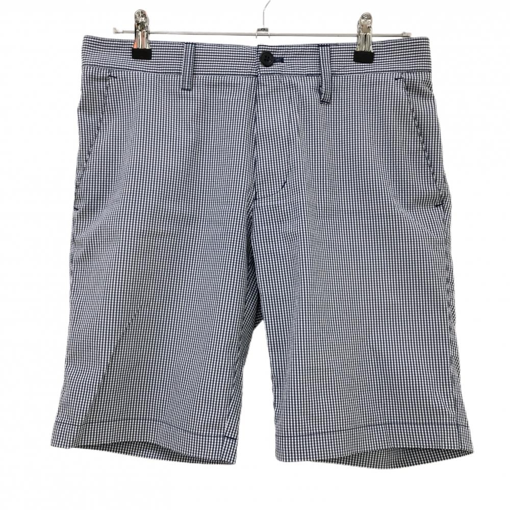 【美品】アディダス ハーフパンツ ネイビー×白 チェック サッカー生地 ストレッチ メンズ M/M ゴルフウェア adidas