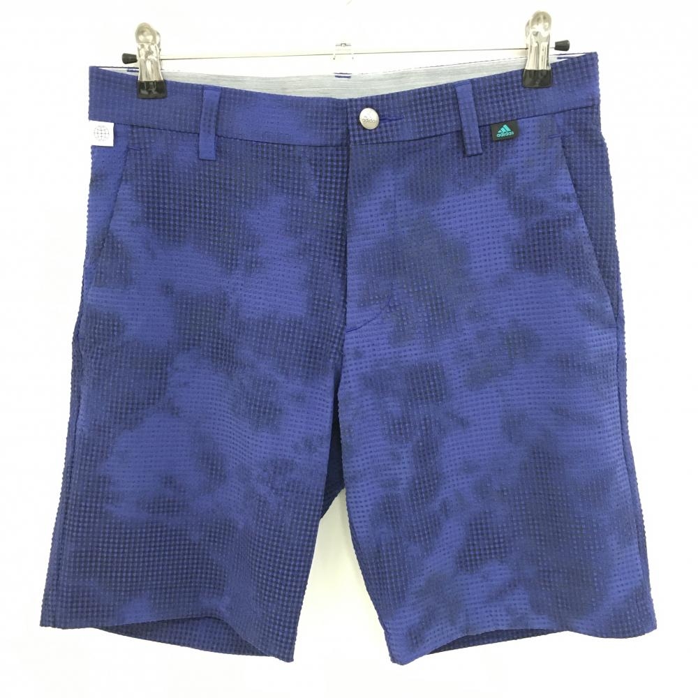 【超美品】アディダス ハーフパンツ ブルーパープル系×黒 総柄 サッカー生地 ストレッチ メンズ 79 ゴルフウェア 2022年モデル adidas