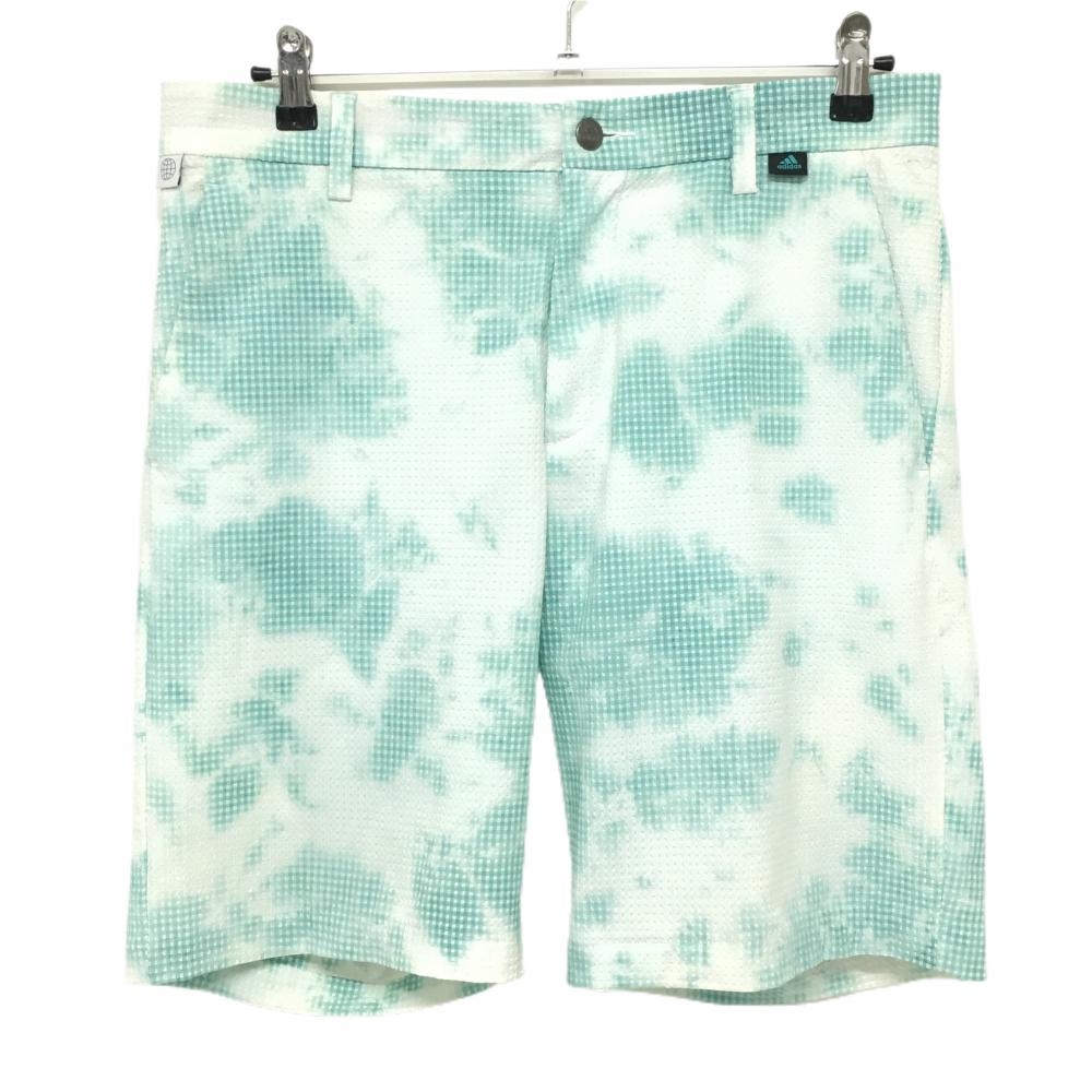 【超美品】アディダス ハーフパンツ 白×グリーン 総柄 サッカー生地 ストッチ ウエスト内側ゴム メンズ  ゴルフウェア adidas