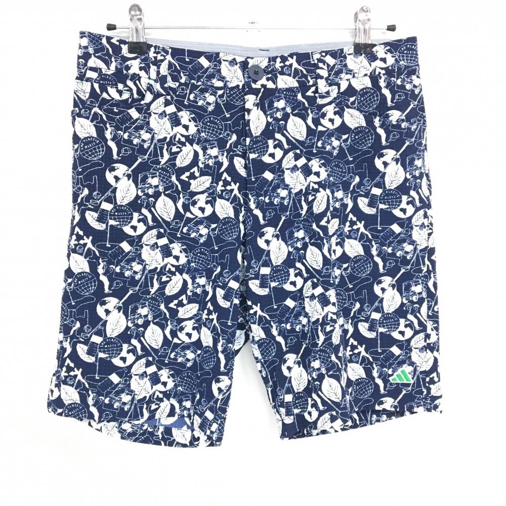 【超美品】アディダス ハーフパンツ ネイビー×白 総柄 サッカー生地 ストレッチ メンズ 85 ゴルフウェア adidas