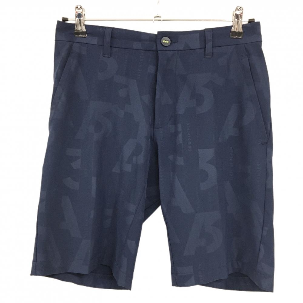 【超美品】アディダス ハーフパンツ ネイビー 地模様 ウエスト後ろゴム バック立体ロゴ メンズ S ゴルフウェア adidas