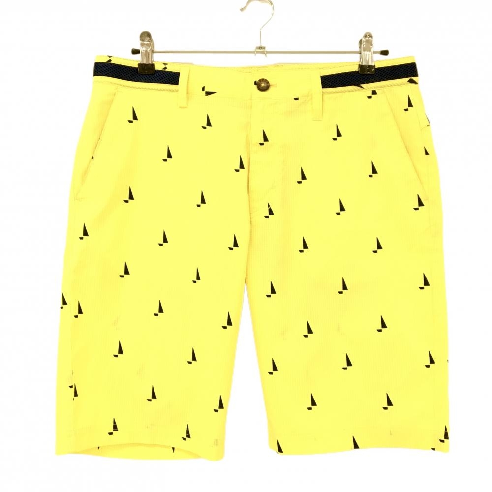 【美品】アディダス ハーフパンツ イエロー×ネイビー 総柄 サッカー生地 メンズ O/XG ゴルフウェア adidas