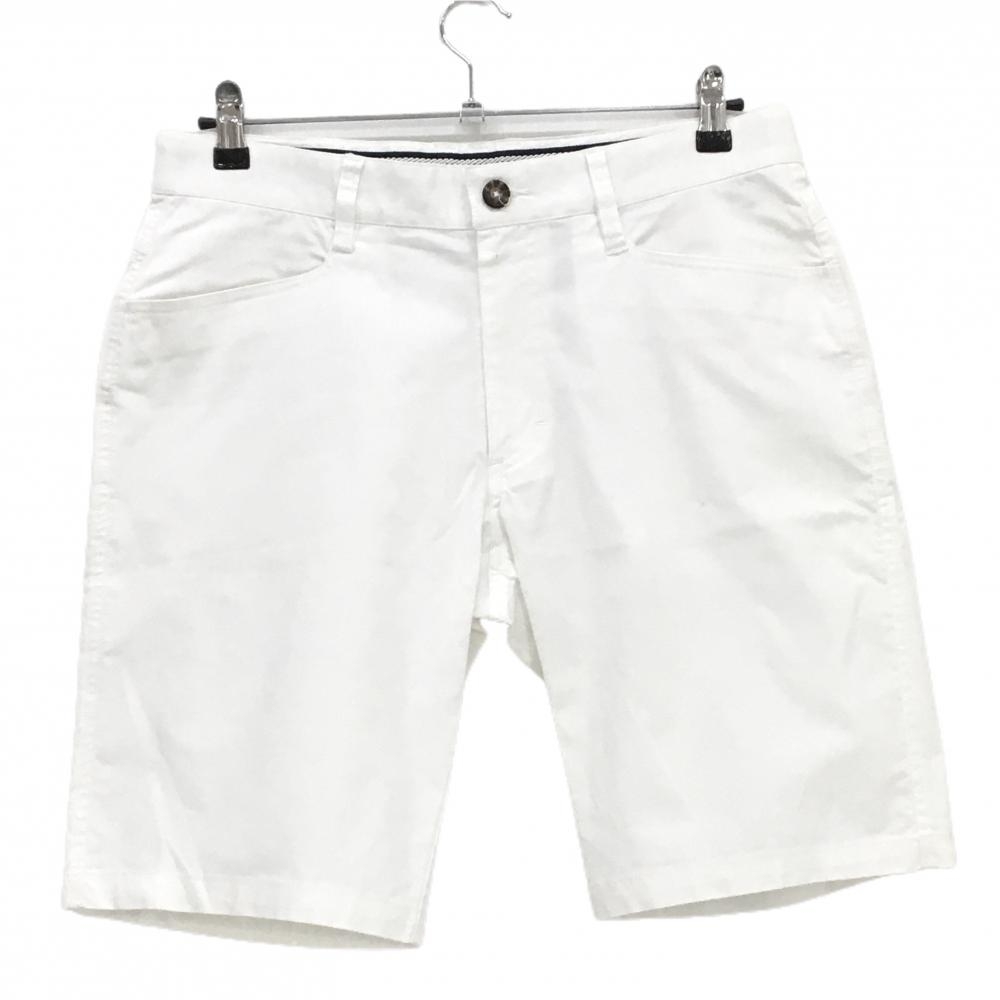 【美品】アディダス ハーフパンツ 白×ネイビー 後ろロゴ刺しゅう ストレッチ メンズ L/G ゴルフウェア adidas