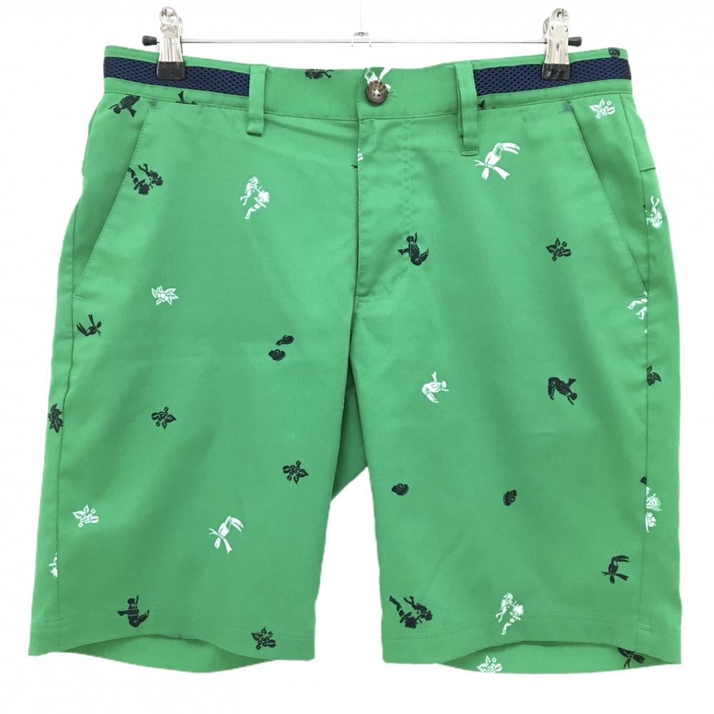 アディダス ハーフパンツ グリーン×黒 総柄 ウエスト一部メッシュ メンズ L/G ゴルフウェア adidas