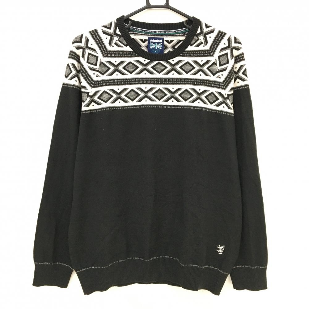 【美品】アドミラル セーター 黒×白 上部総柄 ロゴ刺しゅう ニット メンズ LL ゴルフウェア Admiral