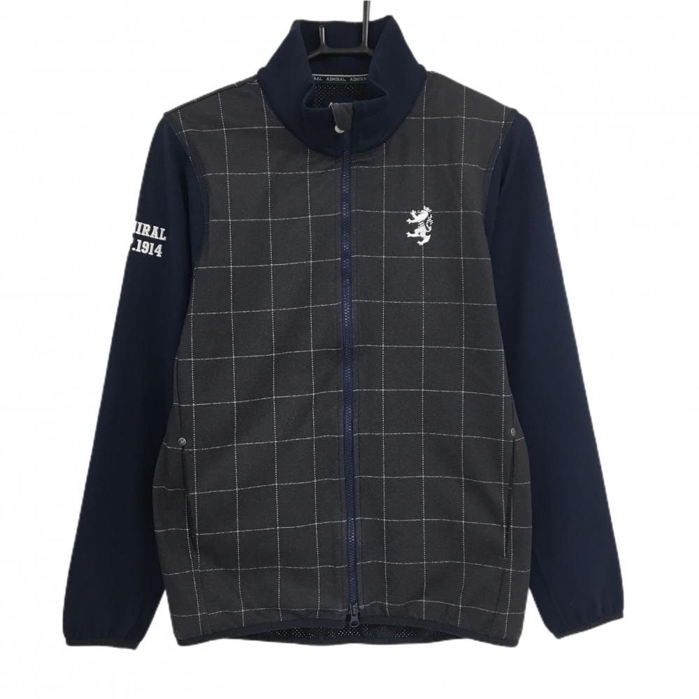 【美品】アドミラル ジャケット ダークグレー×白×ネイビー 身頃格子柄 裏地微起毛 メンズ M ゴルフウェア Admiral