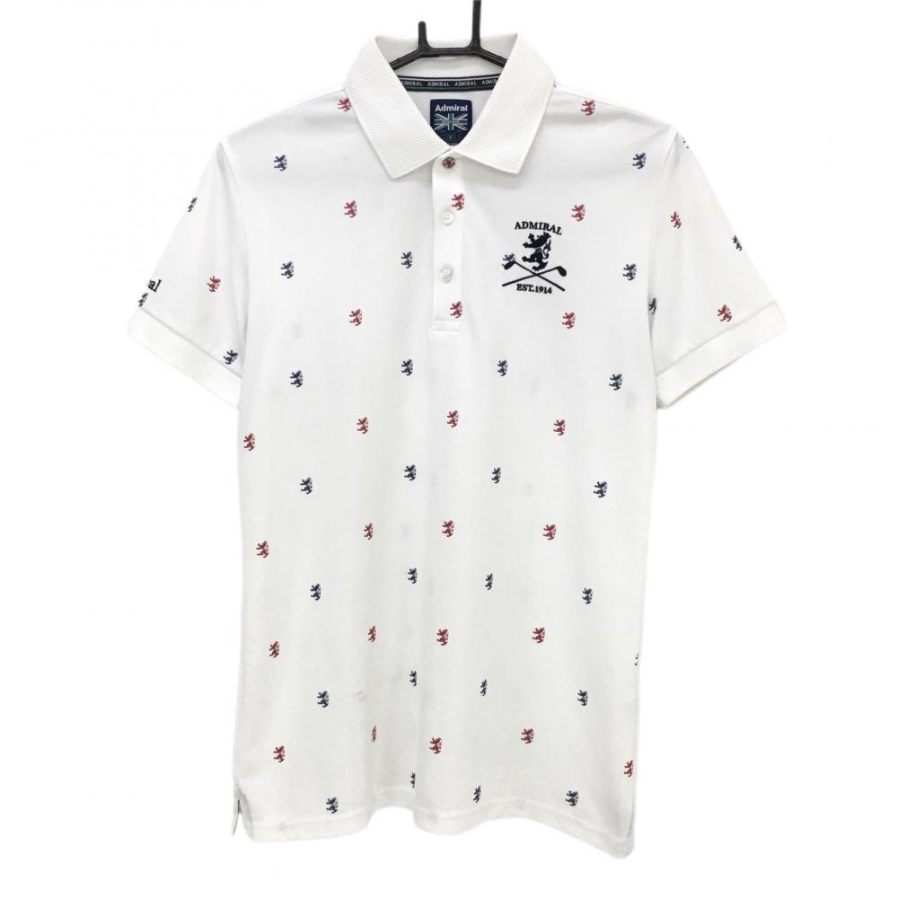 アドミラル 半袖ポロシャツ 白×ネイビー ロゴ総柄 ロゴ刺しゅう  メンズ L ゴルフウェア Admiral 画像