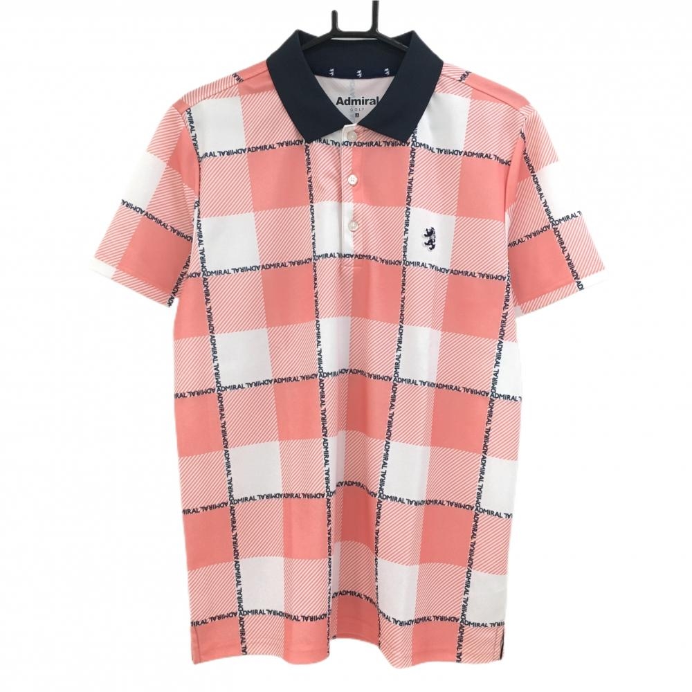 【美品】アドミラル 半袖ポロシャツ オレンジピンク×ネイビー チェック ロゴワッペン  メンズ LL ゴルフウェア Admiral