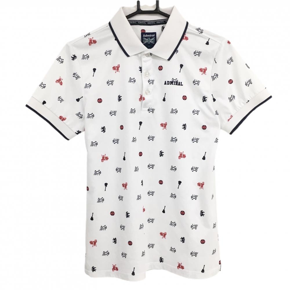 【美品】アドミラル 半袖ポロシャツ 白×ダークネイビー×レッド 総柄 音符 ユニオンジャック メンズ M ゴルフウェア Admiral