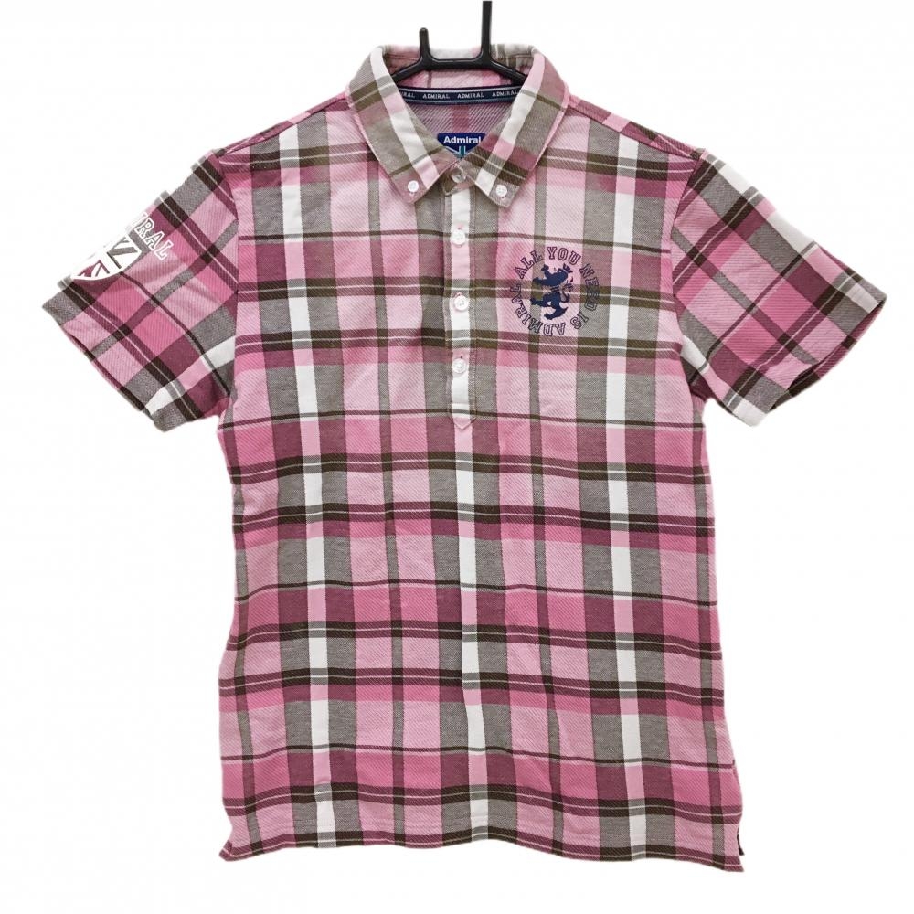 アドミラル 半袖ポロシャツ ピンク×ブラウン チェック ボタンダウン メンズ M ゴルフウェア Admiral