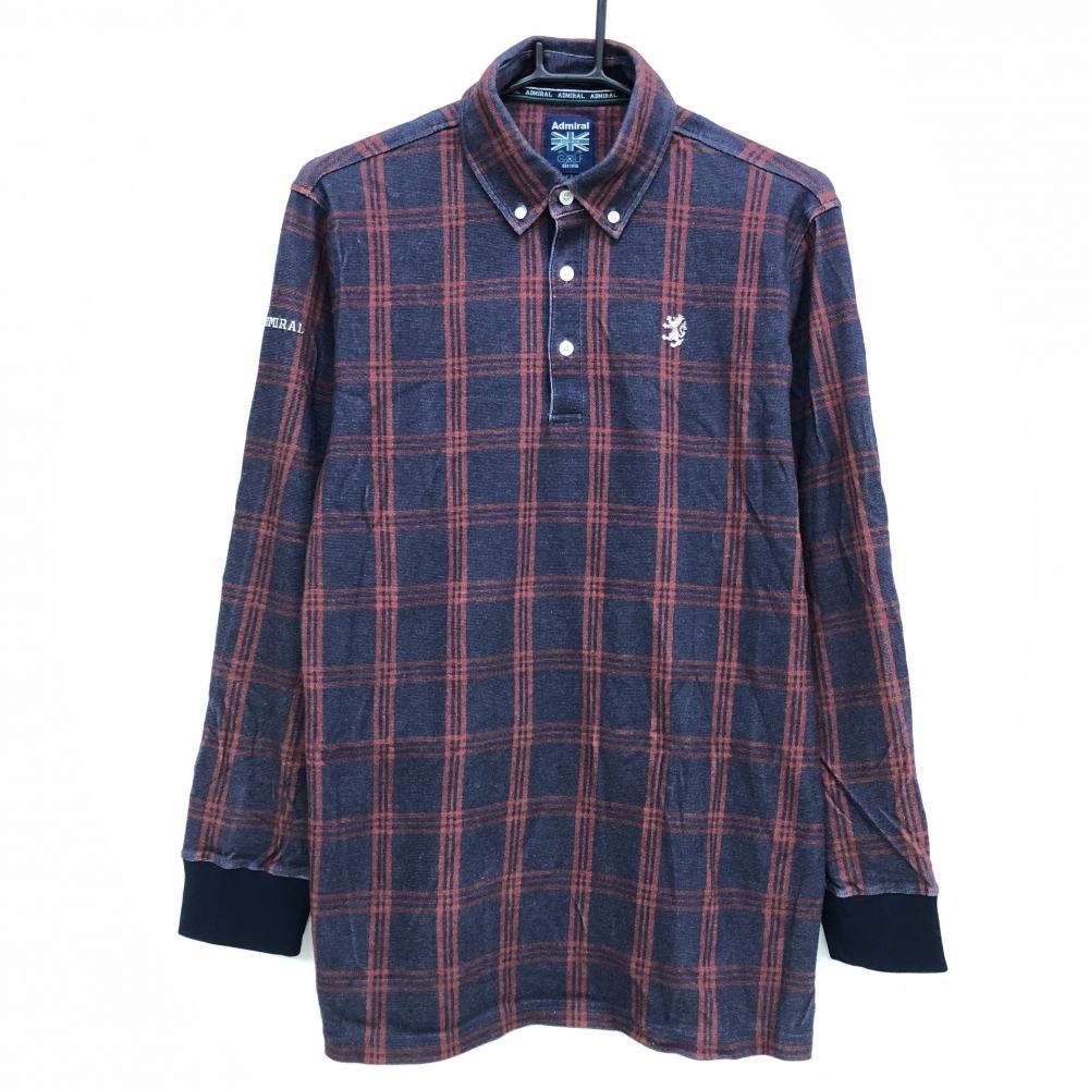 【美品】アドミラル 長袖ポロシャツ ネイビー系×レッド チェック ボタンダウン メンズ LL ゴルフウェア Admiral