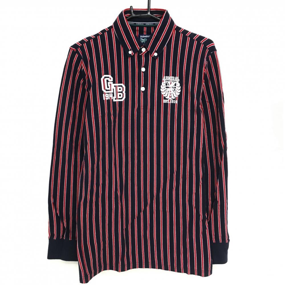 【美品】アドミラル 長袖ポロシャツ ネイビー×レッド ストライプ ボタンダウン メンズ LL ゴルフウェア Admiral