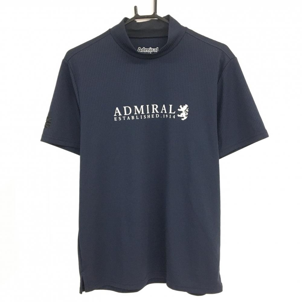 【超美品】アドミラル 半袖ハイネックシャツ ネイビー 細目チェック地模様 ロゴ メンズ L ゴルフウェア 2024年モデル Admiral