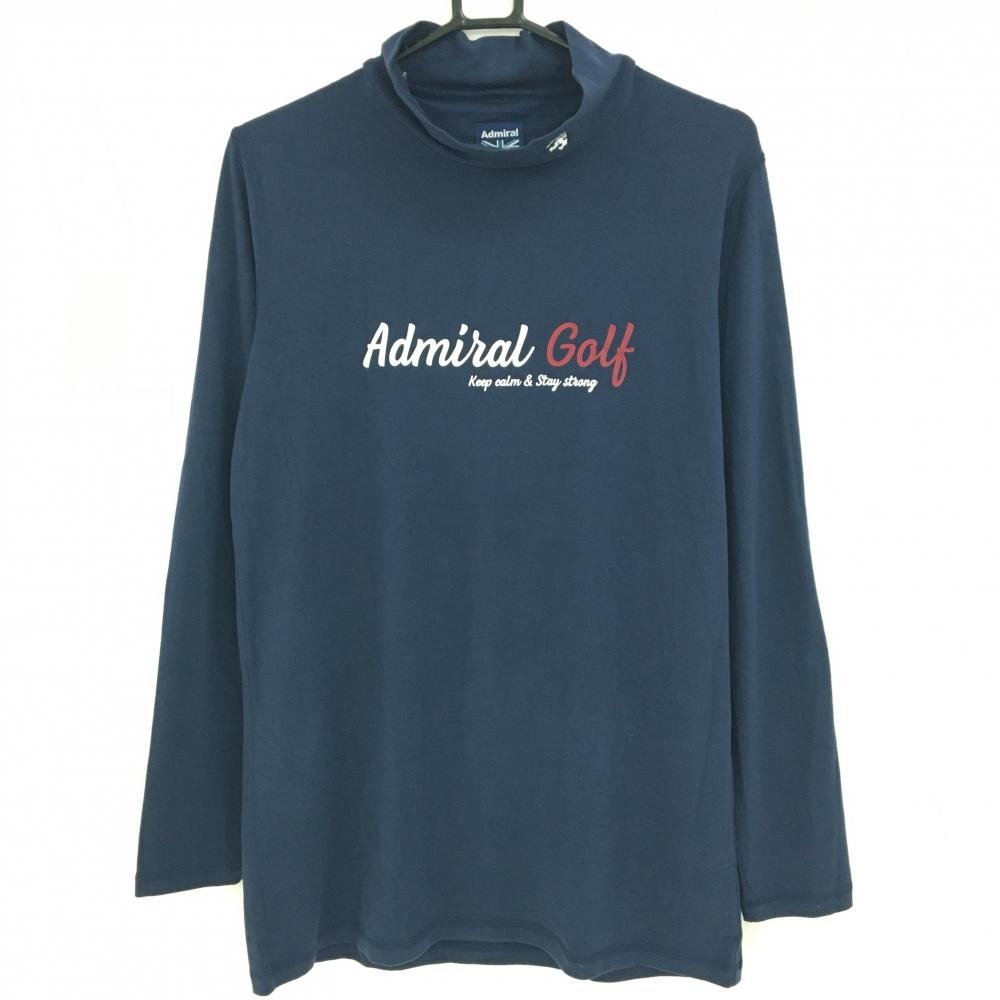 【美品】アドミラル 長袖ハイネックシャツ ネイビー×白 ロゴプリント 微起毛 メンズ XL ゴルフウェア Admiral