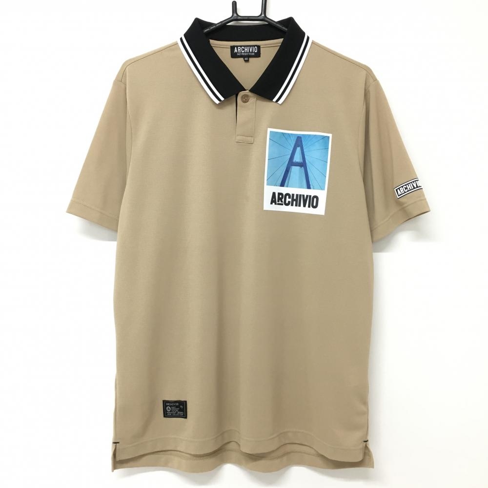【超美品】アルチビオ 半袖ポロシャツ ベージュ×黒 ロゴプリント メンズ 48 ゴルフウェア archivio 画像