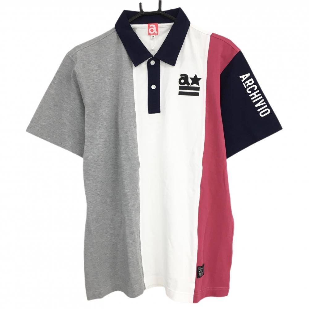 【新品】アルチビオ 半袖ポロシャツ ネイビー×グレー×ピンク 切替 エジプト綿 メンズ 50(XL) ゴルフウェア archivio