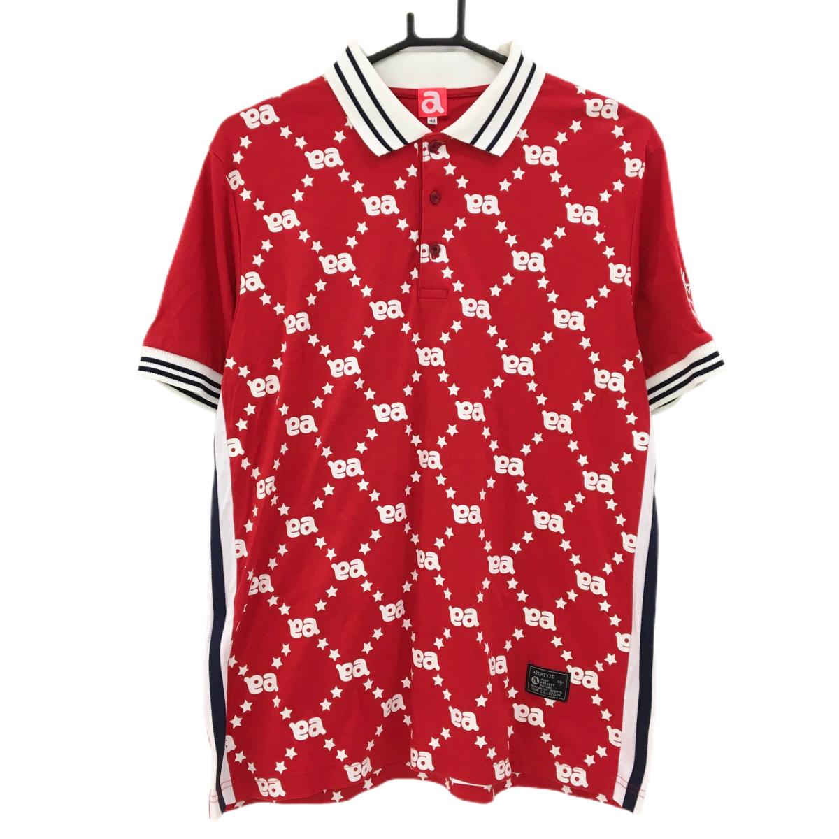 【美品】アルチビオ 半袖ポロシャツ レッド×白 身頃ロゴ・星総柄 メンズ 48(L) ゴルフウェア archivio