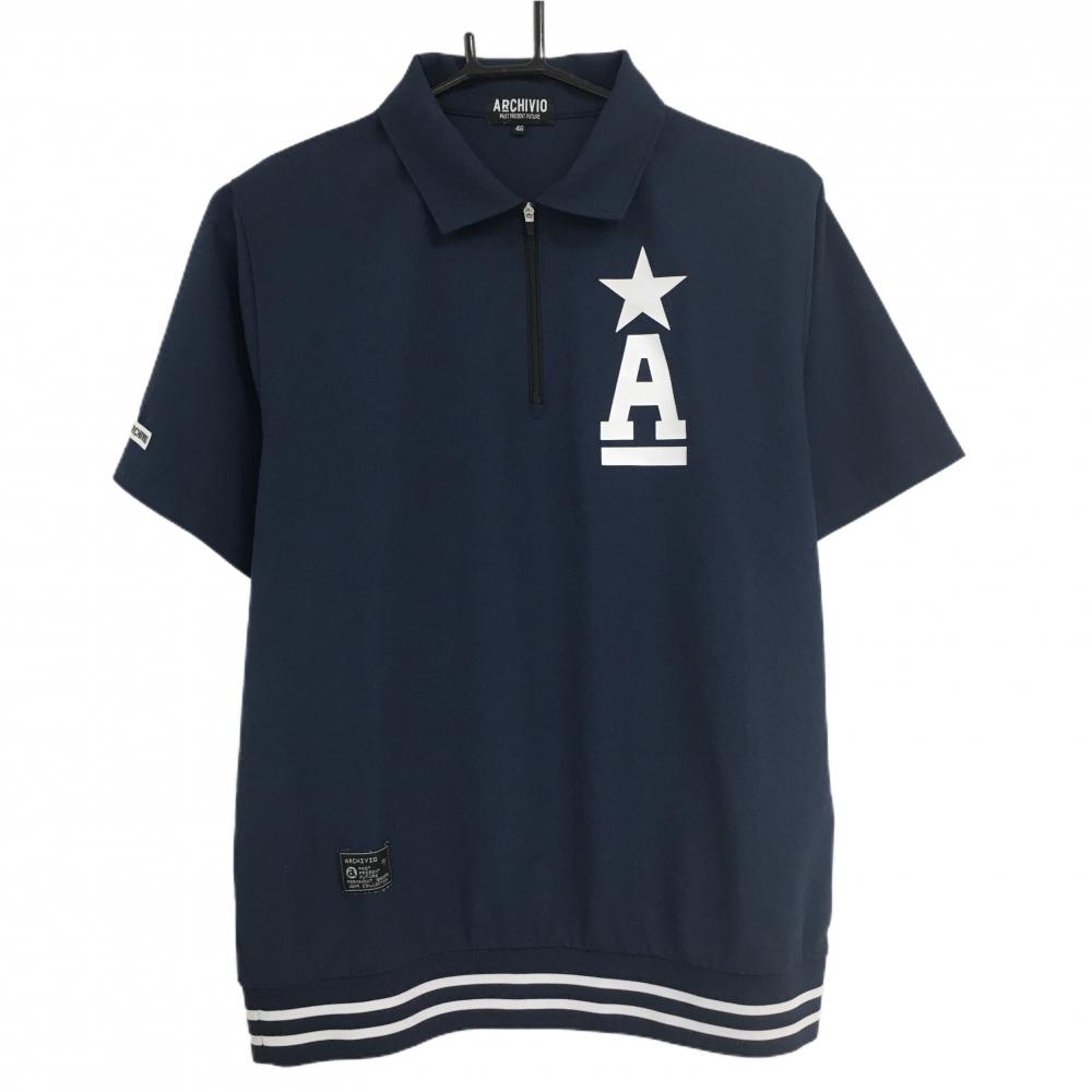 【超美品】アルチビオ 半袖ポロシャツ ネイビー×白 ハーフジップ 裾リブ 星プリント メンズ 46(M) ゴルフウェア archivio