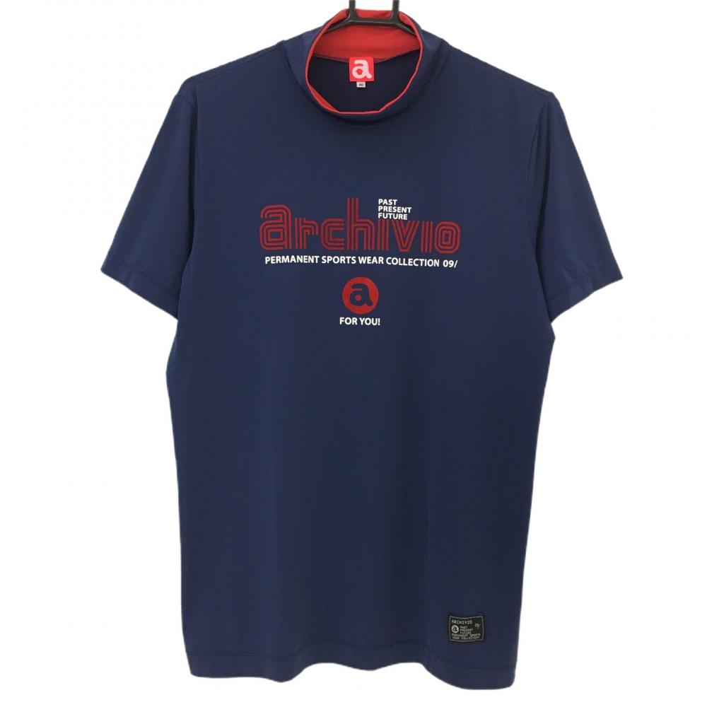【超美品】アルチビオ 半袖ハイネックシャツ ネイビー×レッド フロッキーロゴ メンズ 46(M) ゴルフウェア archivio