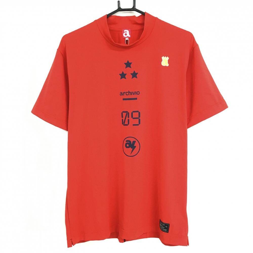 【新品】アルチビオ 半袖ハイネックシャツ レッド×ネイビー フロントロゴ 吸水速乾 冷感軽減 メンズ 50(XL) ゴルフウェア archivio