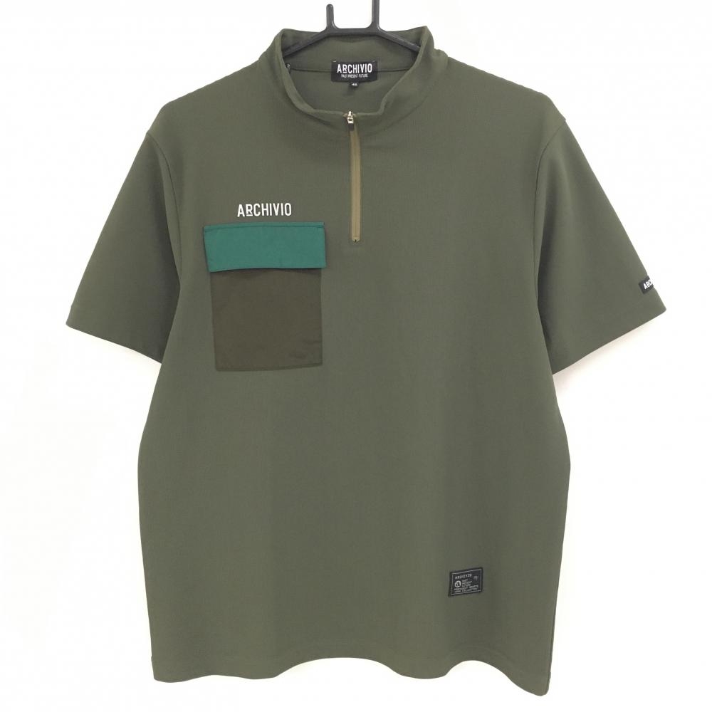 【超美品】アルチビオ 半袖ハイネックシャツ カーキ 胸ポケット ハーフジップ  メンズ 48(L) ゴルフウェア 2024年モデル archivio