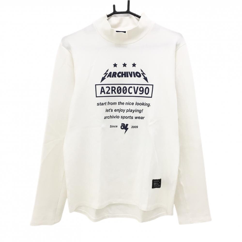 アルチビオ 長袖ハイネックシャツ 白×ネイビー ビッグプリント メンズ 46(M) ゴルフウェア archivio