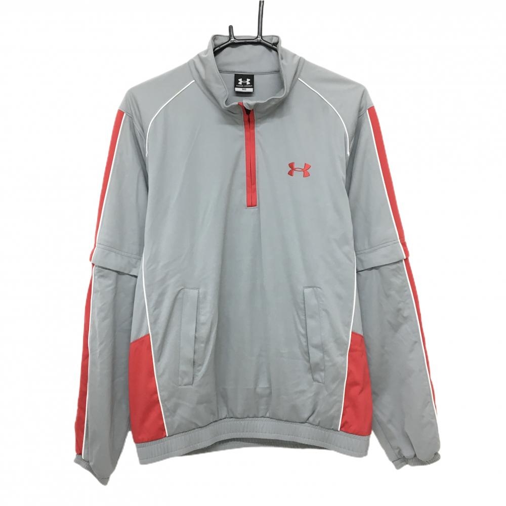 アンダーアーマー 2WAYジャケットブルゾン グレー×レッド 袖着脱可 ハーフジップ 裏起毛 メンズ MD ゴルフウェア UNDER ARMOUR