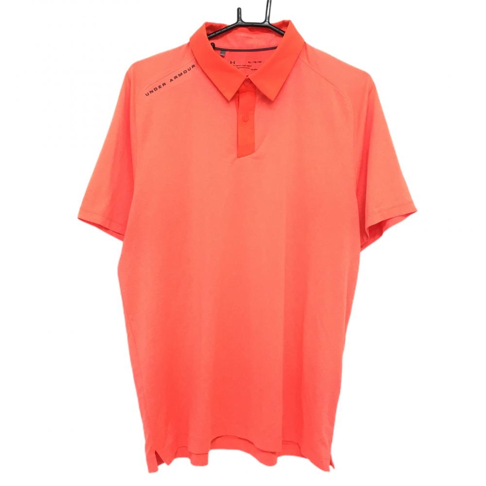 【超美品】アンダーアーマー 半袖ポロシャツ 蛍光オレンジ 地模様ボーダー柄 総柄  メンズ XL ゴルフウェア UNDER ARMOUR 画像