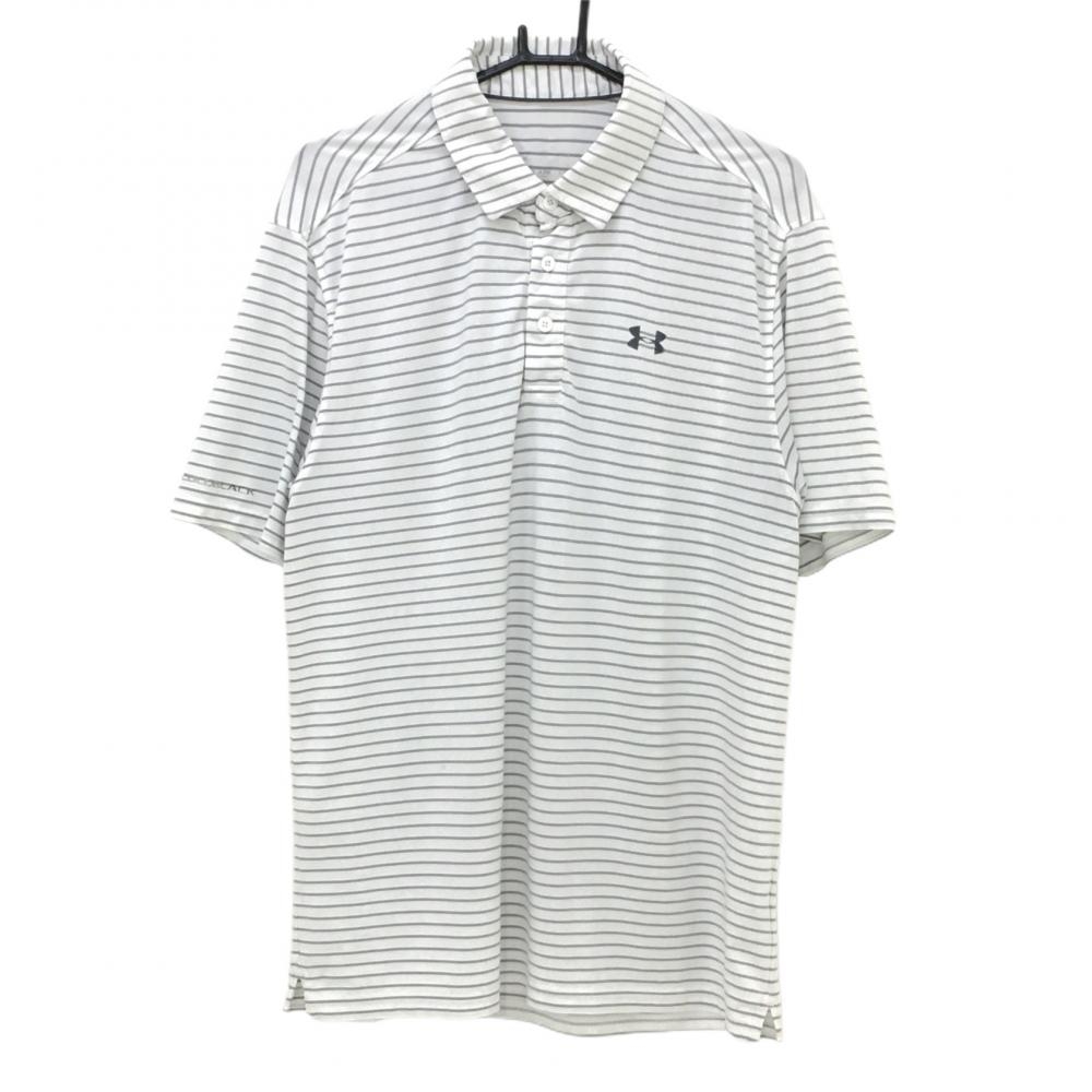 アンダーアーマー 半袖ポロシャツ 白×グレー ボーダー  メンズ LG ゴルフウェア UNDER ARMOUR