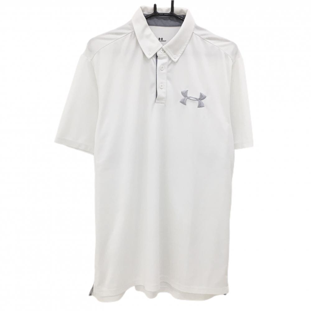 アンダーアーマー 半袖ポロシャツ 白×グレー ロゴ刺しゅう ボタンダウン メンズ XL ゴルフウェア UNDER ARMOUR