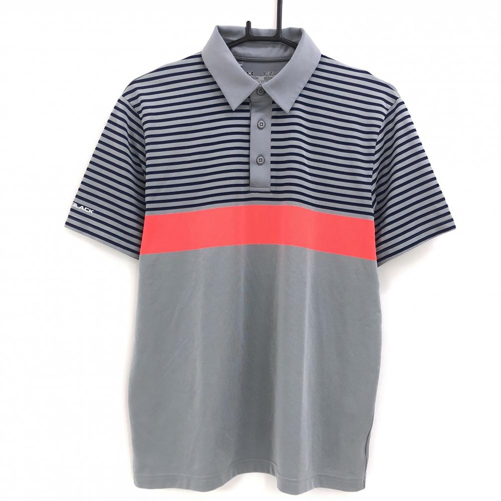 【美品】アンダーアーマー 半袖ポロシャツ グレー×ネイビー 一部ボーダー 袖ロゴ メンズ MD/M/M ゴルフウェア UNDER ARMOUR