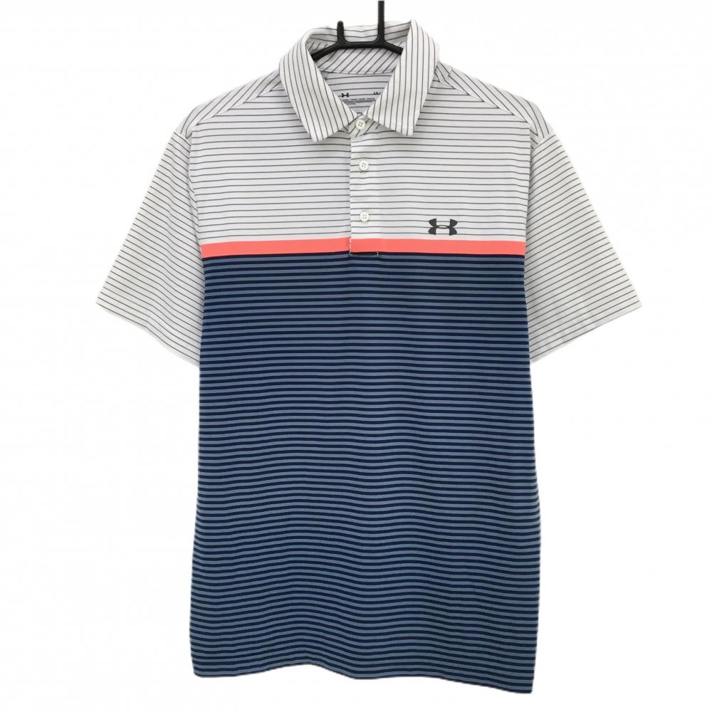 【美品】アンダーアーマー 半袖ポロシャツ 白×ネイビー ボーダー ロゴプリント  メンズ LG/G/G ゴルフウェア UNDER ARMOUR