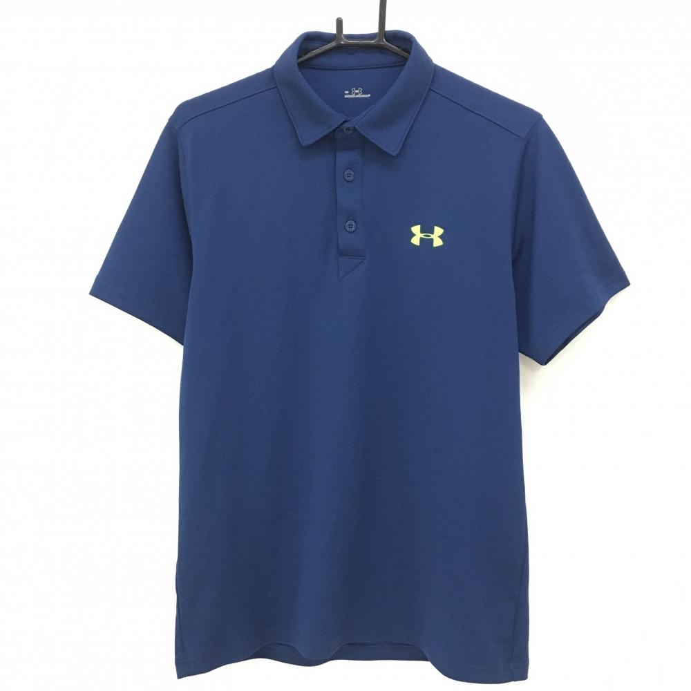 【美品】アンダーアーマー 半袖ポロシャツ ネイビー ロゴ蛍光イエロー メンズ LG ゴルフウェア UNDER ARMOUR