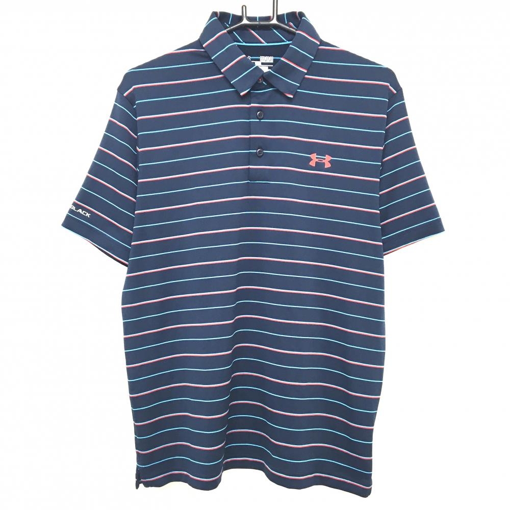 【超美品】アンダーアーマー 半袖ポロシャツ ネイビー×ブルー×レッド ボーダー  メンズ MD/M/M ゴルフウェア UNDER ARMOUR