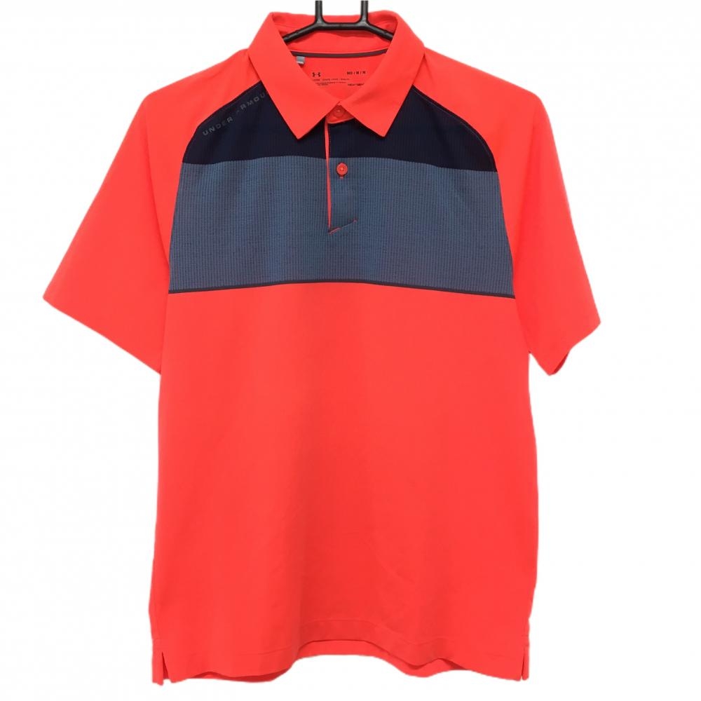 アンダーアーマー 半袖ポロシャツ オレンジ×ネイビー バイカラー 一部メッシュ調 メンズ MD/M/M ゴルフウェア UNDER ARMOUR